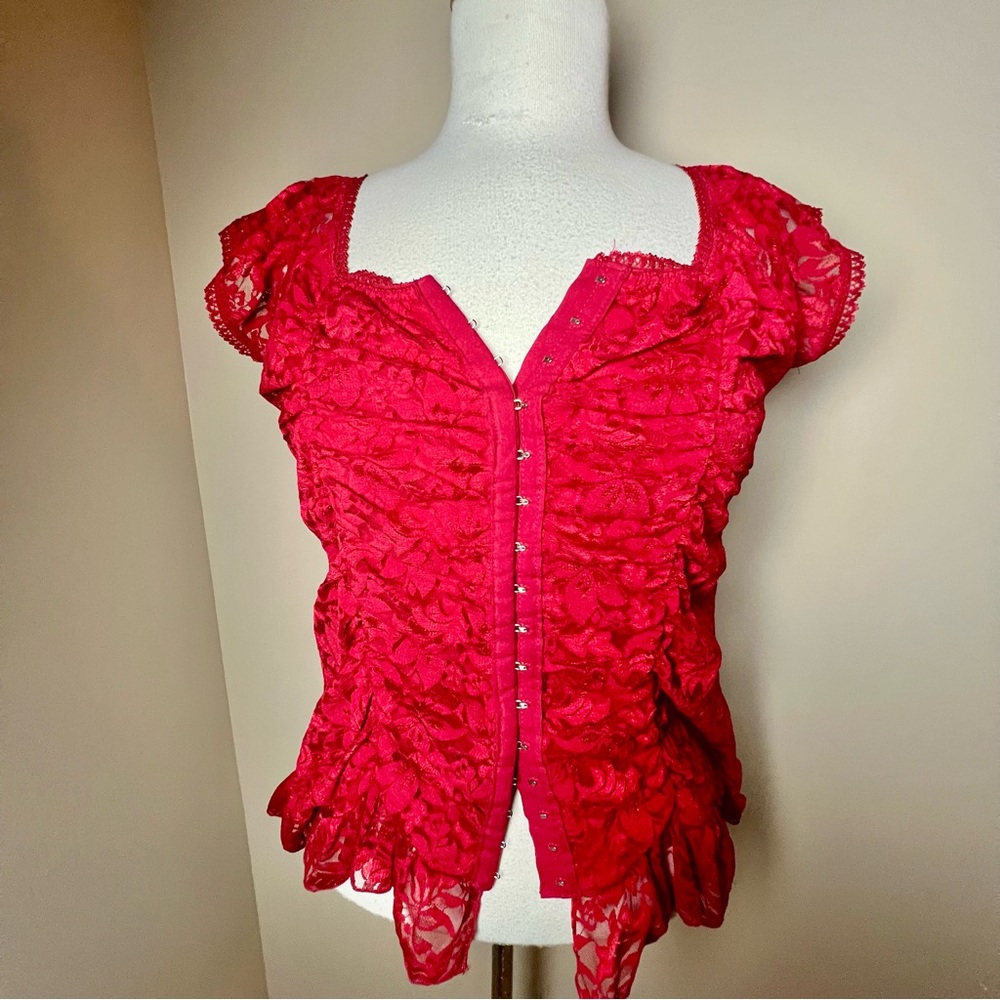 Vintage Y2K Red Lace Women's Corset-Like Top -Size L